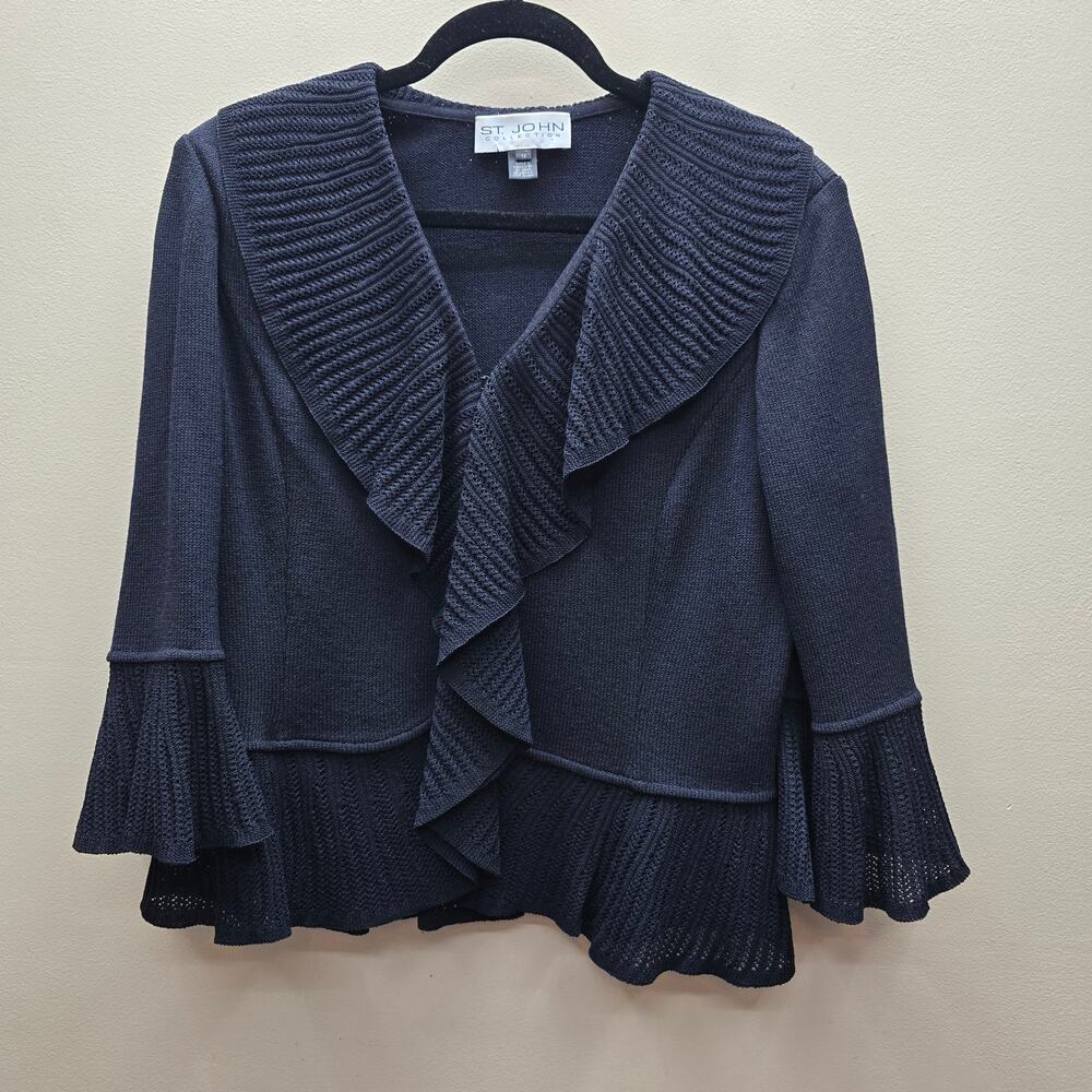 St. John Collection Santana Knit Cardigan Jacket Size 12 Timeless Classic Black